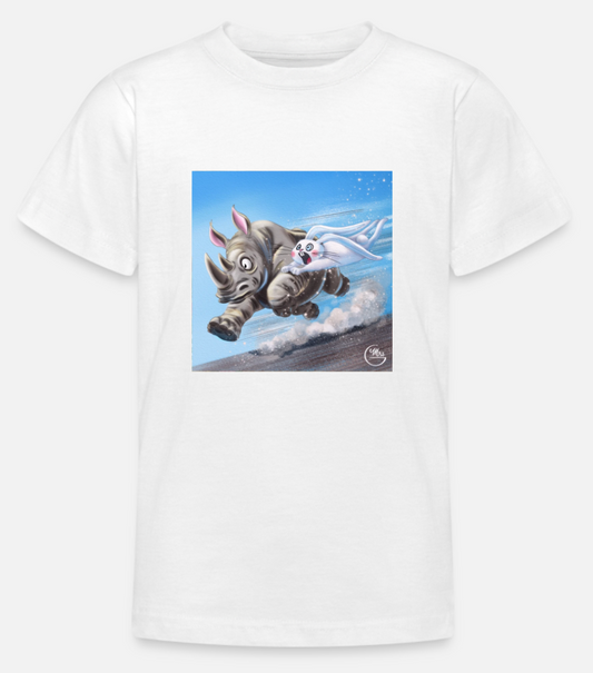 Tee-shirt à manches courtes, avec 1 impression devant (dessin "Lapinou et Rhinocéros")-Mrs G Illustration