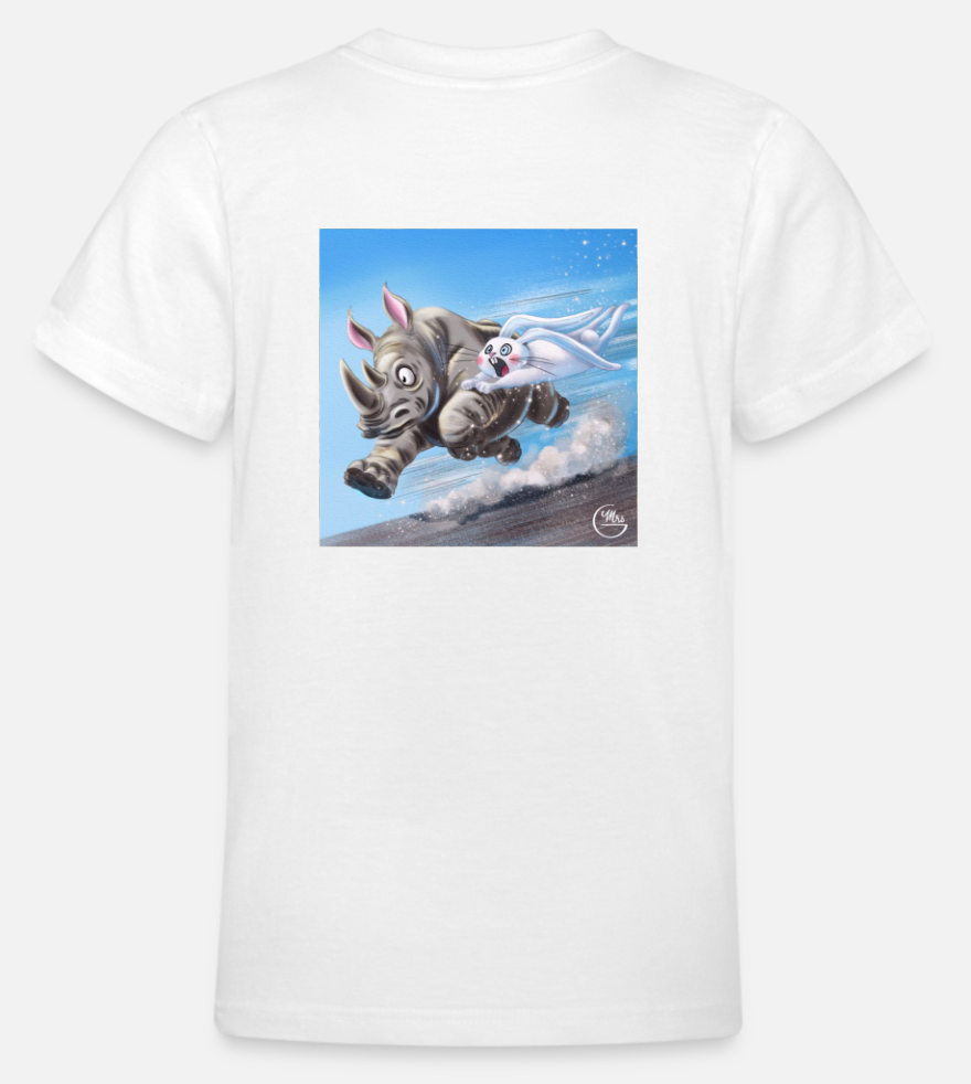 Tee-shirt à manches courtes, avec 2 impressions (devant: logo/derrière: "Lapinou et rhinocéros")-Mrs G Illustration